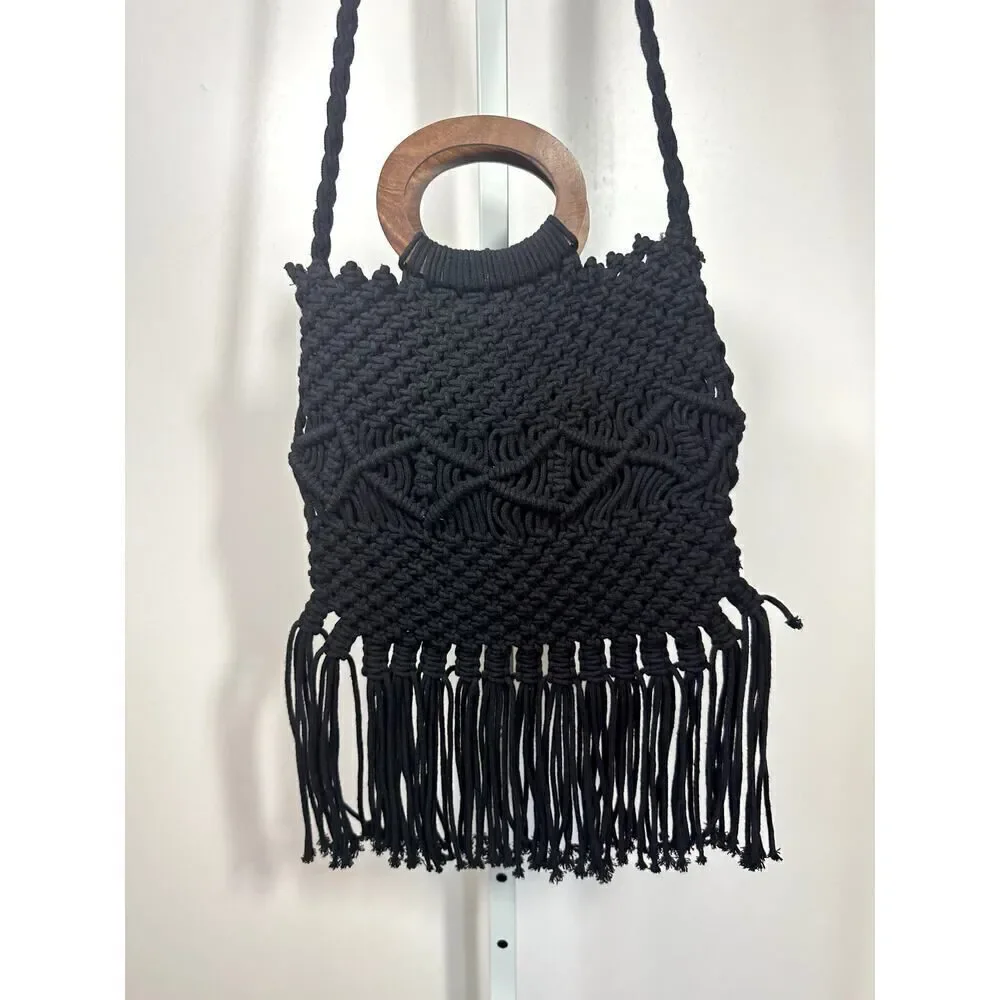 DANIELLE NICOLE Women's Hippie Bohemian Macrame Fringe Crossbody Bag Black - Picture 4 of 11